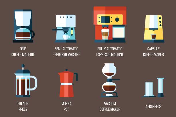 Coffee makers Vector set of various coffee makers and coffee machines. Flat style. coffee maker stock illustrations