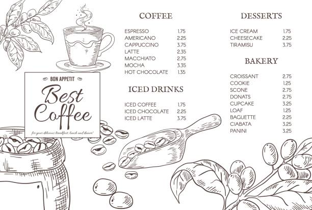 illustrazioni stock, clip art, cartoni animati e icone di tendenza di citazioni del menu del caffè. elementi di caffè disegnati a mano per poster del caffè. modello di progettazione grafica vettoriale per menu di ristoranti o bar con espresso - tovaglietta