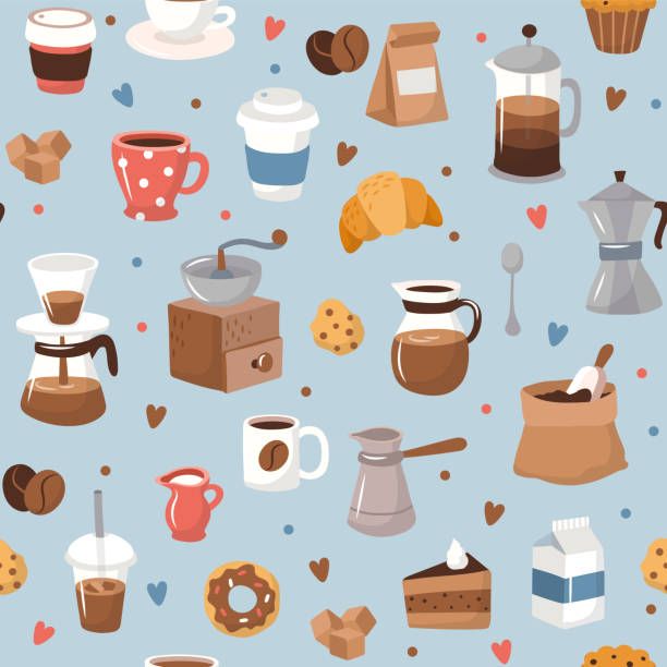 stockillustraties, clipart, cartoons en iconen met koffie patroon, verschillende koffie elementen. leuke cartoon pictogrammen in de hand getekende stijl op blauwe achtergrond vector illustratie - koffie nederland