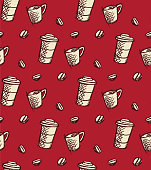 Seamless Pattern of Hand Drawn Coffee Mug, Coffee Beans in Sketchy Style.