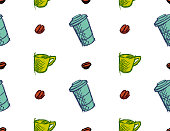 Seamless Pattern of Hand Drawn Coffee Mug, Coffee Beans in Sketchy Style.