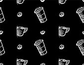 Seamless Pattern of Hand Drawn Coffee Mug, Coffee Beans in Sketchy Style. White on Black.