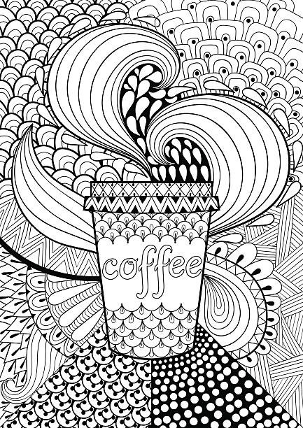 Coffee patterned background for adult coloring book. Coffee patterned background for adult coloring book. Hand drawn vector illustration with cup in ethnic,  tribal style. Doodle design. A4 size. Black and white abstract card. adult coloring stock illustrations
