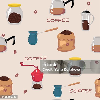 istock Coffee seamless pattern. Coffee elements. Vector illustration. Coffee elements coffee machine,cup. Vector illustration. hand drawing 1428460763