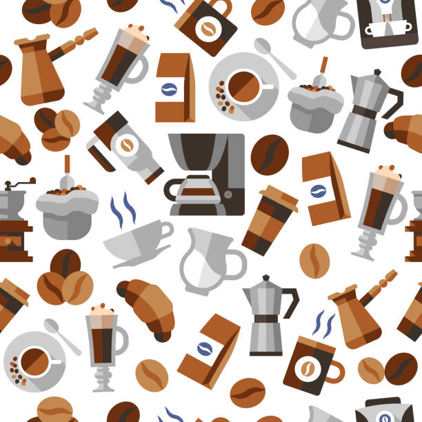 Coffee seamless pattern with sugar jar pot bean cup machine vector...