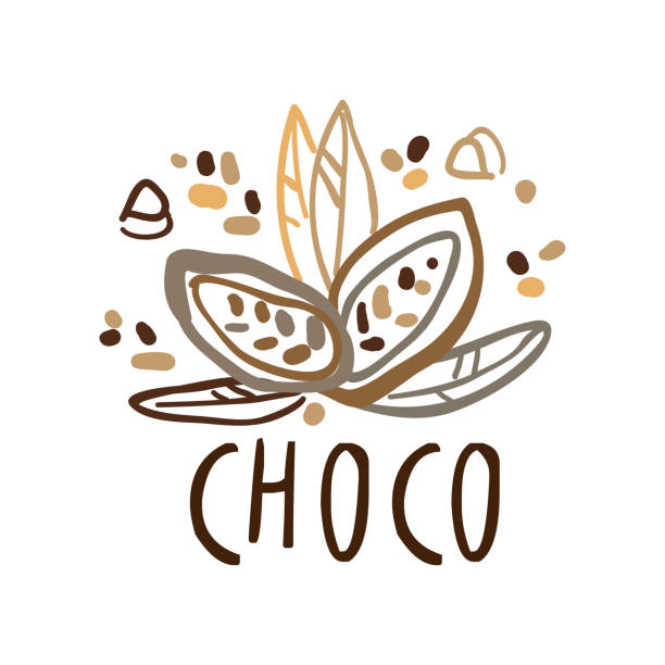 stockillustraties, clipart, cartoons en iconen met coffeeshop hand getekend oorspronkelijke logo met stukjes cacaobonen - chocoletter