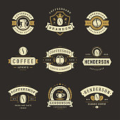Coffee shop icons design templates set vector illustration for cafe badge design and menu decoration. Retro typographic emblems and symbols.