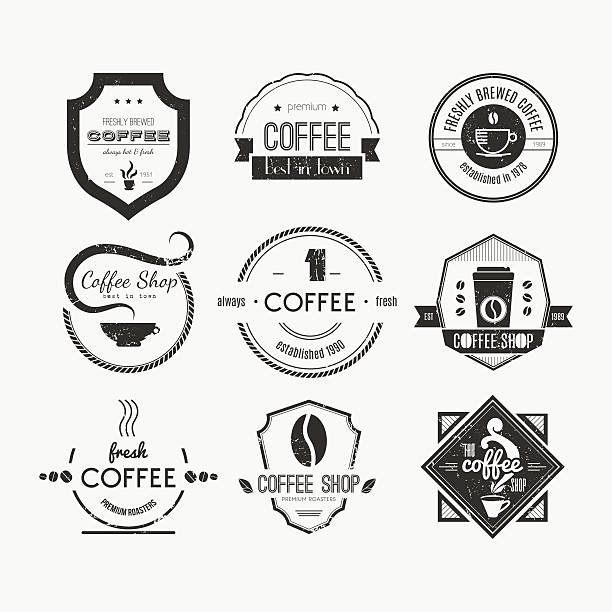 Coffee Shop Logo Collection Vector set of coffee shop logos, restaurant or bar logotype design elements with mugs and beans. Ribbons, circle shapes, lables, insignias with coffee related elements. Vintage and retro styled quality badges. breakfast borders stock illustrations