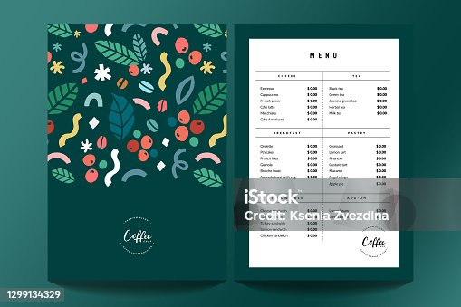 istock Coffee shop menu design template, cafe menu card template with cover. Pre-made printable layout. Beverage vector a4 flyer, modern minimalist design. Hand drawn illustration 1299134329