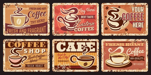 Coffee shop metal rusty plates, cafe retro posters