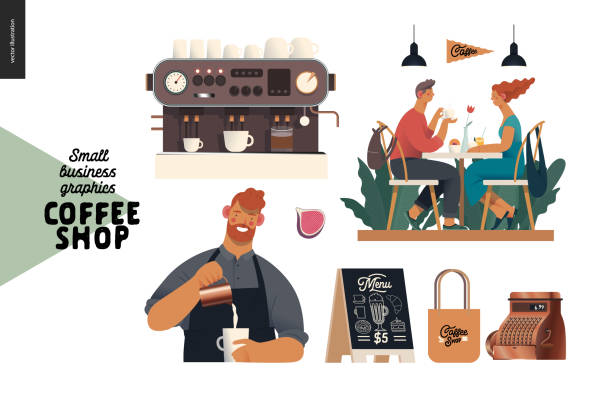 Coffee shop - small business graphics - set Coffee shop - small business illustrations - set - modern flat vector concept illustration of man barista wearing apron, cash register, coffee maker, visitors, pavement sign, branded bag, elements barista stock illustrations