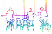 People sitting on stools and studying at the coffee shop counter in doodle sketch illustration