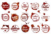 Coffee stain ring label, coffee shop cafe symbol. Premium quality emblem, dirty cup circle stains badge, spilled espresso stains vector set. Beverage symboltype elements for cafe, restaurant