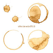 Coffee Stain, Isolated On White Background.  Collection of circle various  coffee stains isolated on white background