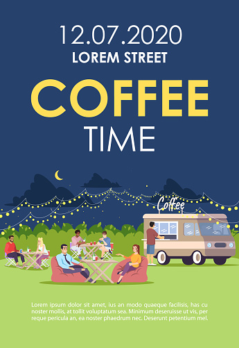 Coffee time brochure template. Street food cafe truck visitors. Flyer, booklet, leaflet concept with flat illustrations. Vector page layout for magazine. Advertising invitation with text space