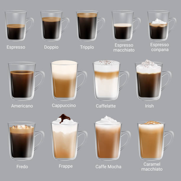 Coffee types set, vector realistic isolated illustration Coffee types set, vector isolated illustration. Espresso types, doppio, trippio, cappuccino, frappe, americano, caramel macchiato, other coffee drinks with names for restaurant, cafe menu etc. coffee stock illustrations