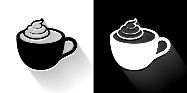 bildbanksillustrationer, clip art samt tecknat material och ikoner med kaffe med vispad grädde svart och vit ikon med lång skugga - whipped cream