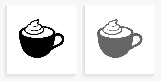 bildbanksillustrationer, clip art samt tecknat material och ikoner med kaffe med vispad grädde svart och vit fyrkantig ikon - whipped cream