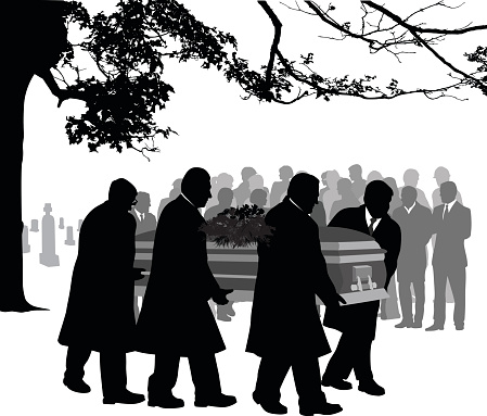 A vector silhouette illustration of pall bearers carrying the coffin of a deceased loved one past spectators through a cemetary. vector