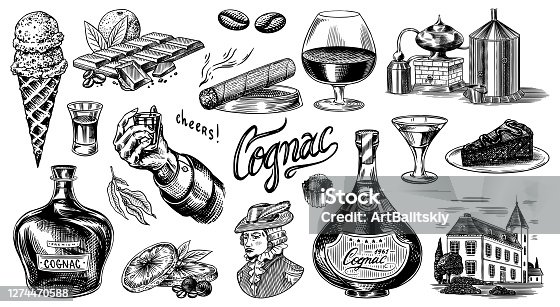istock Cognac and hand with glass, bottles with labels, cigar and cocktail, sweets and farm, chocolate and man. Engraved hand drawn vintage sketch. Woodcut style. Vector illustration for menu or poster 1274470588