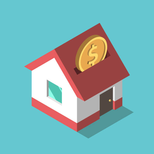 Coin, house piggy bank One isometric gold dollar coin falling into house piggy bank on turquoise blue. Investment, saving, dream, payment and wealth concept. Flat design. Vector illustration, no transparency, no gradients hole illustrations stock illustrations