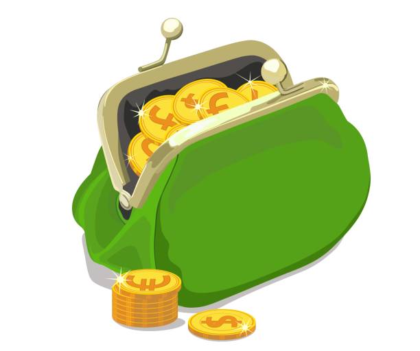 ilustraciones, imágenes clip art, dibujos animados e iconos de stock de viertan la monedas en el monedero abierto. ilustración de vector - crumble