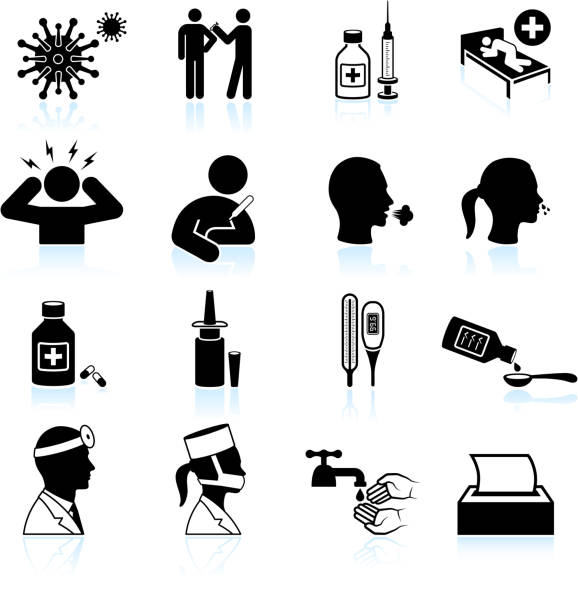 cold and flu black & white vector icon set cold and flu black & white icon set bed furniture silhouettes stock illustrations