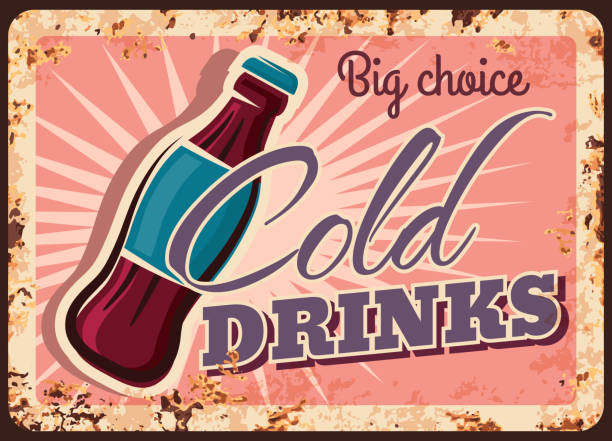 Cold drinks rusty metal plate, soda bottle poster Cold drinks rusty metal plate, soda bottle retro vector poster or vintage grunge sign. Fast food cold soft drinks and sweet refreshments bar or cafeteria ad rust signage cold drink stock illustrations