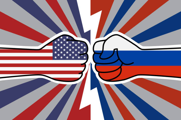 abd ve rusya'nın soğuk savaşı. abd bayrak yumruğu vs rus bayrağı yumruğu. amerikan rus askeri çatışması. web banner'ı için vektör düz simgesi, gönderiler - russian army stock illustrations