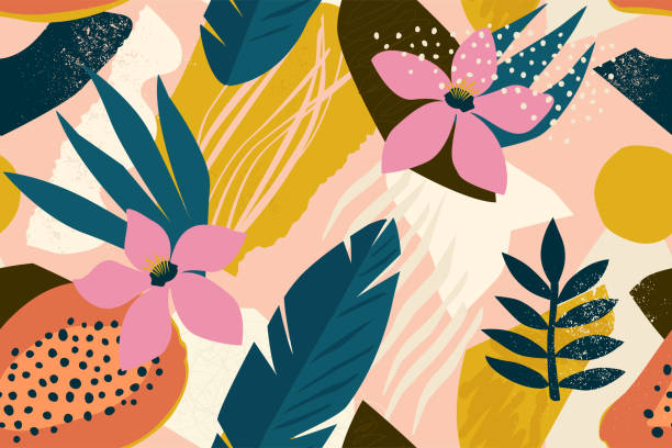 Collage contemporary floral seamless pattern. Modern exotic jungle fruits and plants illustration in vector. Collage contemporary floral seamless pattern. Modern exotic jungle fruits and plants illustration in vector. floral pattern illustrations stock illustrations