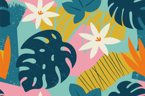 ilustrações de stock, clip art, desenhos animados e ícones de collage contemporary floral seamless pattern. modern exotic jungle fruits and plants illustration in vector. - tropical