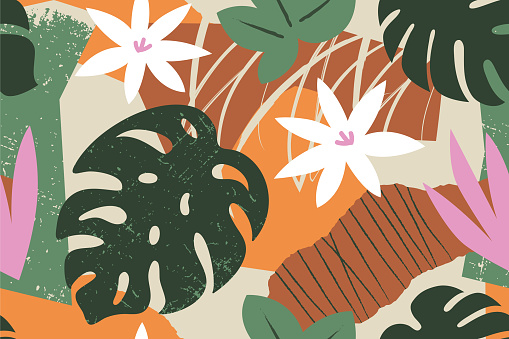 Collage contemporary floral seamless pattern. Modern exotic jungle fruits and plants illustration in vector.