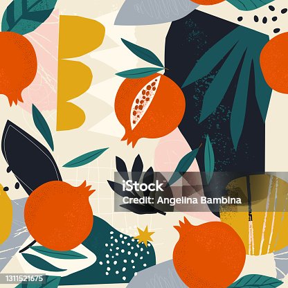 istock Collage contemporary floral seamless pattern. Modern fruits pomegranate spots, and plants illustration vector. 1311521675