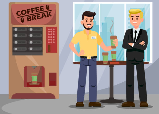 kollegen bei coffee break vector illustration - kaffeeautomat stock-grafiken, -clipart, -cartoons und -symbole