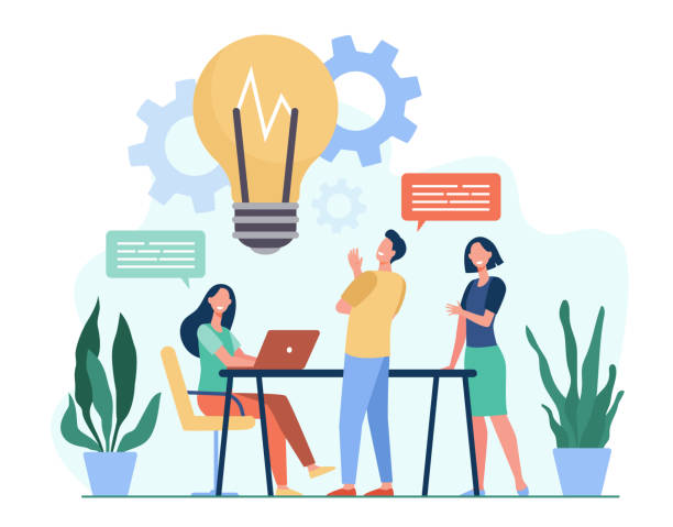 Colleagues sharing thoughts and ideas Colleagues sharing thoughts and ideas flat vector illustration. Cartoon employees thinking about company project or startup in team. Brainstorm, skill and teamwork concept corporate culture stock illustrations