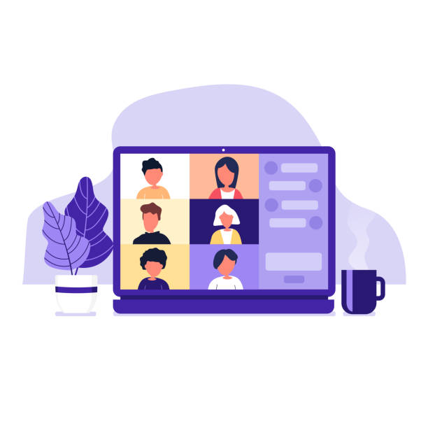 Colleagues talk to each other on the laptop screen. Conference video call, working from home. Colleagues talk to each other on the laptop screen. Conference video call, working from home. home office stock illustrations