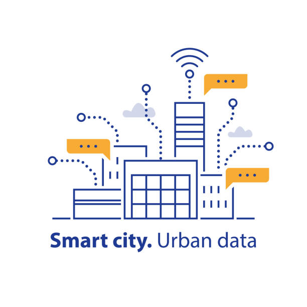 市、便利なサービス、モダンな技術、オフィスビル エリアにスマート都市データを収集します。 - スマートシティ点のイラスト素材／クリップアート素材／マンガ素材／アイコン素材
