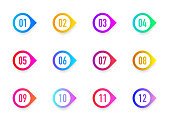 Collection 3D arrows bullet point triangle flags isolated on white background. Colorful gradient markers. Number from 1 to 12. Vector illustration.
