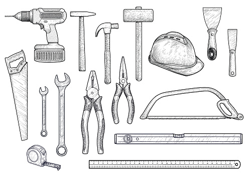 Collection, building, repair, tools illustration, drawing,   engraving, line art, vector