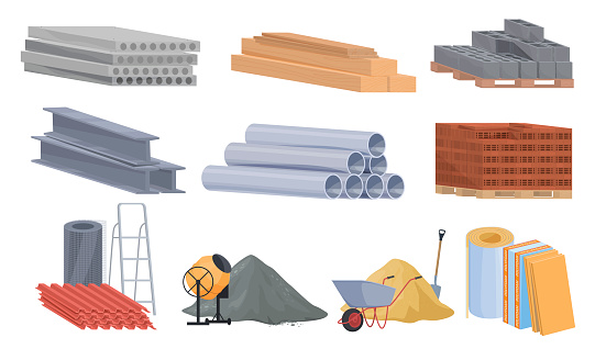 Collection construction materials vector flat illustration. Heaps of building material