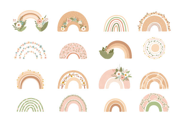 Collection cute rainbows with flowers in pastel colors isolated on white background for kids. Illustration in hand drawn style for posters, prints, cards, fabric, children's books. Vector Collection cute rainbows with flowers in pastel colors isolated on white background for kids. Illustration in hand drawn style for posters, prints, cards, fabric, children's books. Vector boho stock illustrations