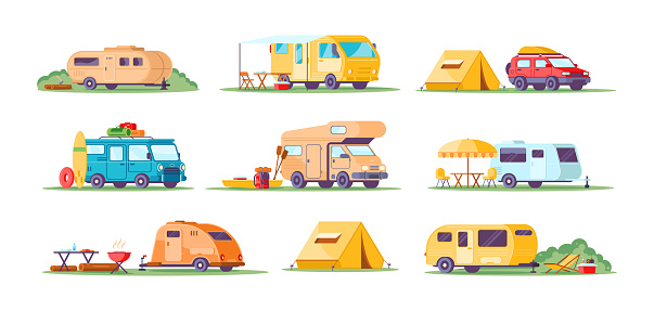 Collection different camping caravan transportation vector flat illustration. Travel car with tent