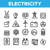 Collection Electricity Industry Icons Set Vector. Battery And Turbine Tower, Light Bulb And Socket Jack Electricity Industry Element Elements Linear Pictograms. Lightning Sign Contour Illustrations