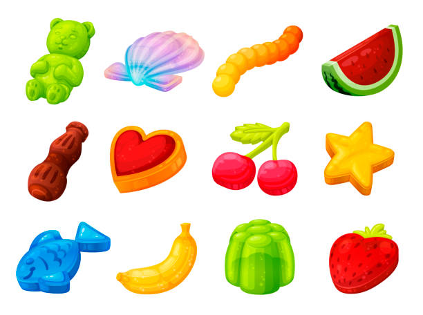 Collection gummy candy vector flat illustration vitamin dessert chewy gelatin snack for kids Collection gummy candy vector flat illustration in isometric style. Set cute sweet character, jelly bear, marmalade worm, sugar animal or fruit isolated. Vitamin dessert chewy gelatin snack for kids chewy stock illustrations