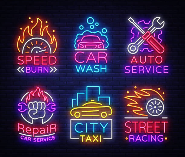 Collection neon signs Transport. Neon  emblems, Taxi service, Car wash, auto service, car repair, street racing. Design template, light banner, nightly neon advertising. Vector Illustrations Collection neon signs Transport. Neon  emblems, Taxi service, Car wash, auto service, car repair, street racing. Design template, light banner, nightly neon advertising. Vector garage clipart stock illustrations