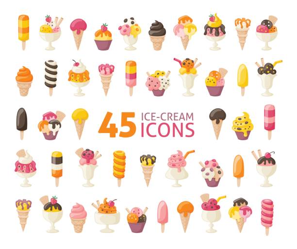 Collection of 45 five yummy ice cream icons isolated on white. Vector illustration. Collection of 45 yummy ice cream icons isolated on white. Vector illustration. ice cream sundae stock illustrations