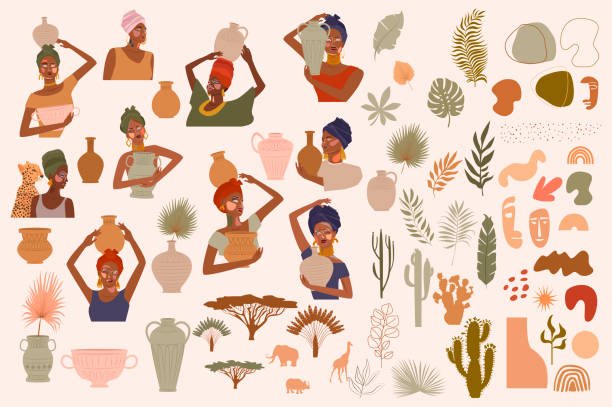 抽象的なアフリカの女性の肖像画、セラミック花瓶、水差し、ボウル、熱帯植物、ヤシの葉、サボテン、動物のシルエット、抽象的な手の描画形状のコレクション。 - オアシス点のイラスト素材／クリップアート素材／マンガ素材／アイコン素材