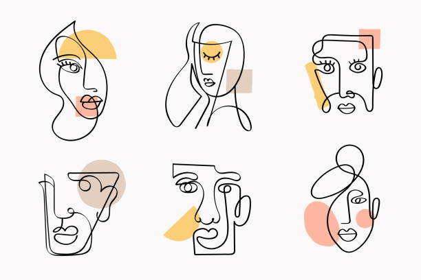 Collection of abstract faces in line art style. Surreal faces of men and women isolated on whte. linear portrait with color accents. Ideal for poster, t-shirt print, textile. Vector illustration. vector art illustration