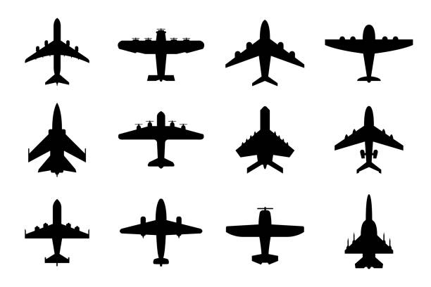 Collection of airplane silhouettes. Commercial and military planes. Isolated on white. Aircraft set for your design Collection of airplane silhouettes. Commercial and military planes. Isolated on white. Aircraft set for your design airplane silhouettes stock illustrations