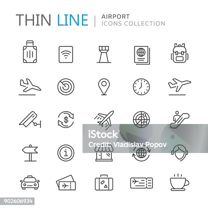 istock Collection of airport thin line icons 902606934